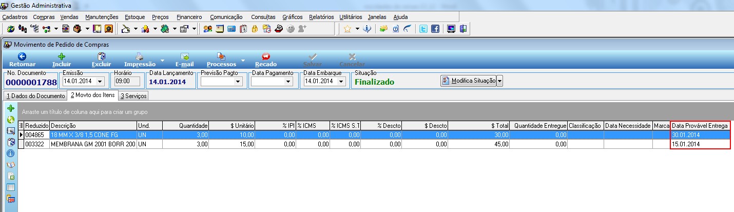 Movimento de Pedido de Compras No. 0000001788 com situação Finalizado, aba 2 Movto dos Itens com itens listados e coluna Data Provável Entrega destacada