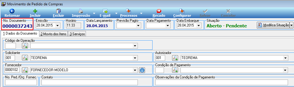 Movimento de Pedido de Compras No. 0000037243 com situação Aberto - Pendente, Solicitante TEOREMA, Autorizador TEOREMA e Fornecedor FORNECEDOR MODELO
