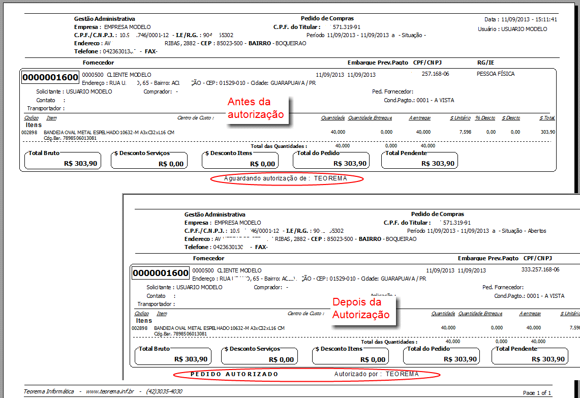 Relatório de Pedido de Compras mostrando dois exemplares do mesmo pedido: o primeiro com rodapé "Aguardando autorização de: TEOREMA" e o segundo com rodapé "PEDIDO AUTORIZADO - Autorizado por: TEOREMA"