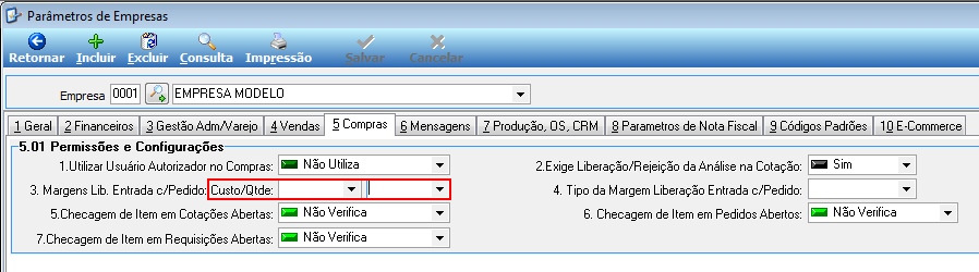 Tela Parâmetros de Empresas, aba 5 Compras, seção 5.01 com campo 3 Margens Lib. Entrada c/Pedido configurado como Custo/Qtde