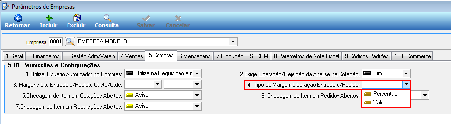 Tela Parâmetros de Empresas, aba 5 Compras, campo 4 Tipo da Margem Liberação Entrada c/Pedido com dropdown exibindo opções Percentual e Valor