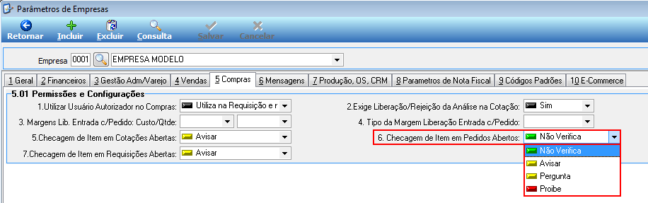 Tela Parâmetros de Empresas, aba 5 Compras, campo 6 Checagem de Item em Pedidos Abertos com dropdown exibindo opções Não Verifica, Avisar, Pergunta e Proíbe