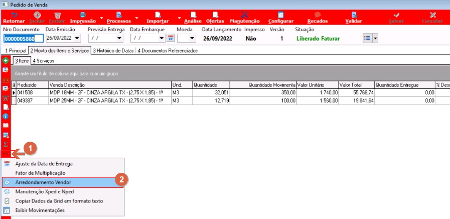 Menu de contexto sobre item do pedido com opção Arredondamento Vendor destacada