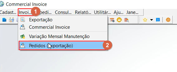 Menu do módulo Commercial Invoice com submenu aberto e opção Pedidos (Exportação) destacada