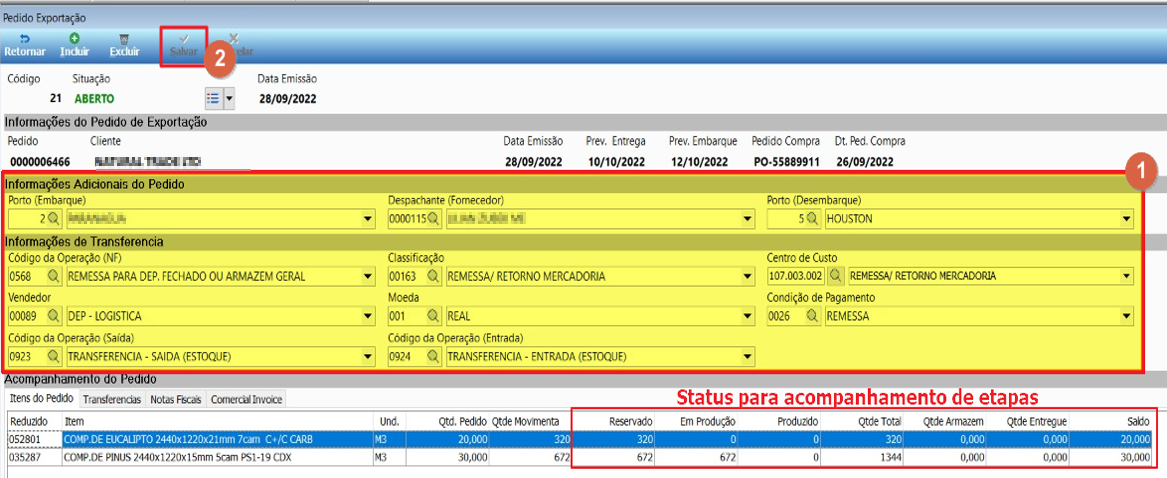 Tela Invoice com seções Informações do Pedido de Exportação, Informações Adicionais do Pedido, Informações de Transferência e aba Acompanhamento de etapas visíveis
