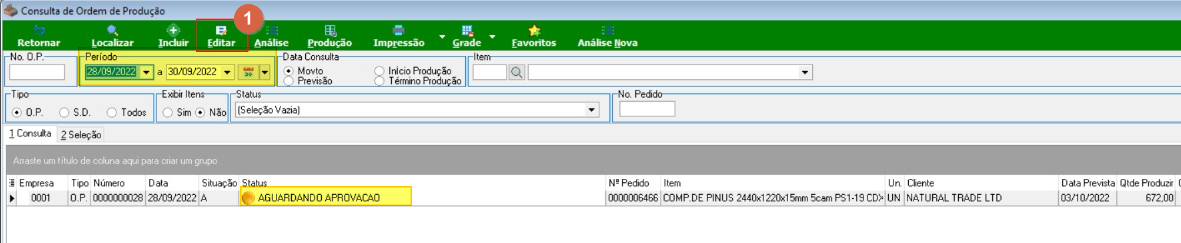 Consulta de Ordem de Produção com linha de OP exibindo status AGUARDANDO APROVACAO