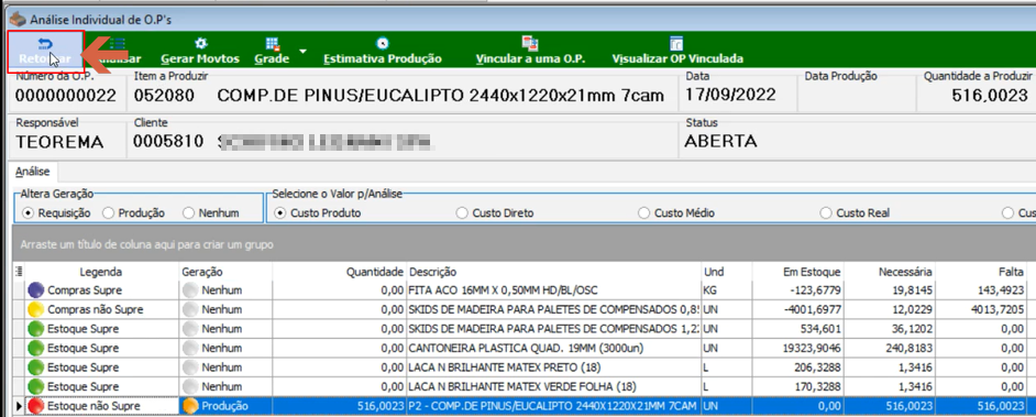 Tela de Análise Individual de OP após geração dos movimentos com colunas de legenda, itens e quantidades atualizadas