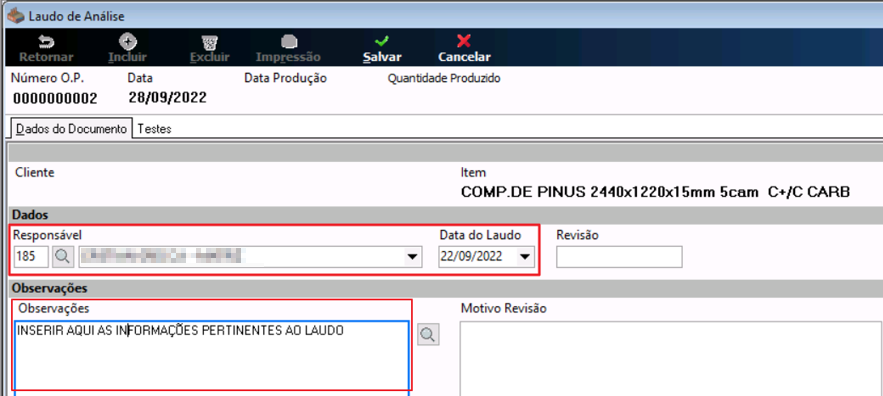 Tela Laudo de Análise com aba Dados do Documento exibindo campos Responsável, Data do Laudo, Revisão e Observações; campo de observações com instrução de preenchimento