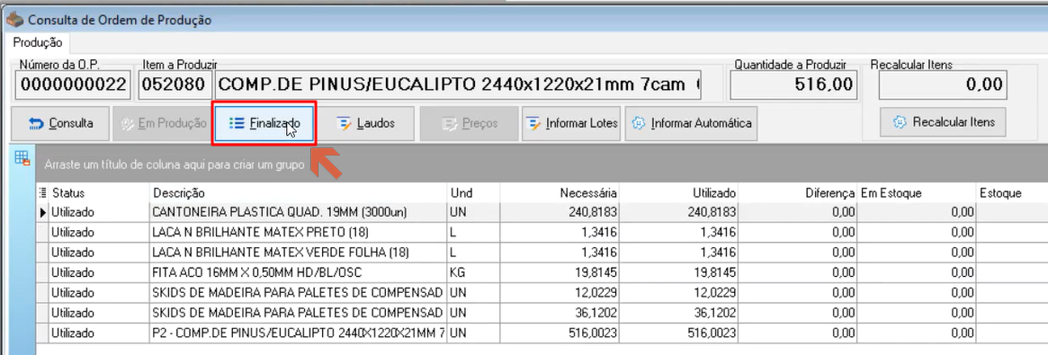 Tela da OP com aba Finalizado destacada e lista de itens com colunas Status, Descrição, Un., Necessária, Utilizado, Diferença, Em Estoque e Estoque