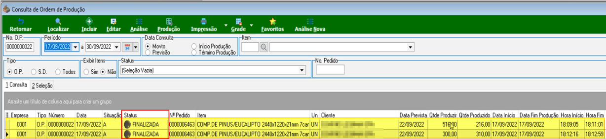 Consulta de Ordem de Produção com duas OPs exibindo status FINALIZADA, com colunas Data Prevista, Qtde Produzir, Qtde Produzido, Data Início, Data Fim Produção, Hora Início e Hora Fim