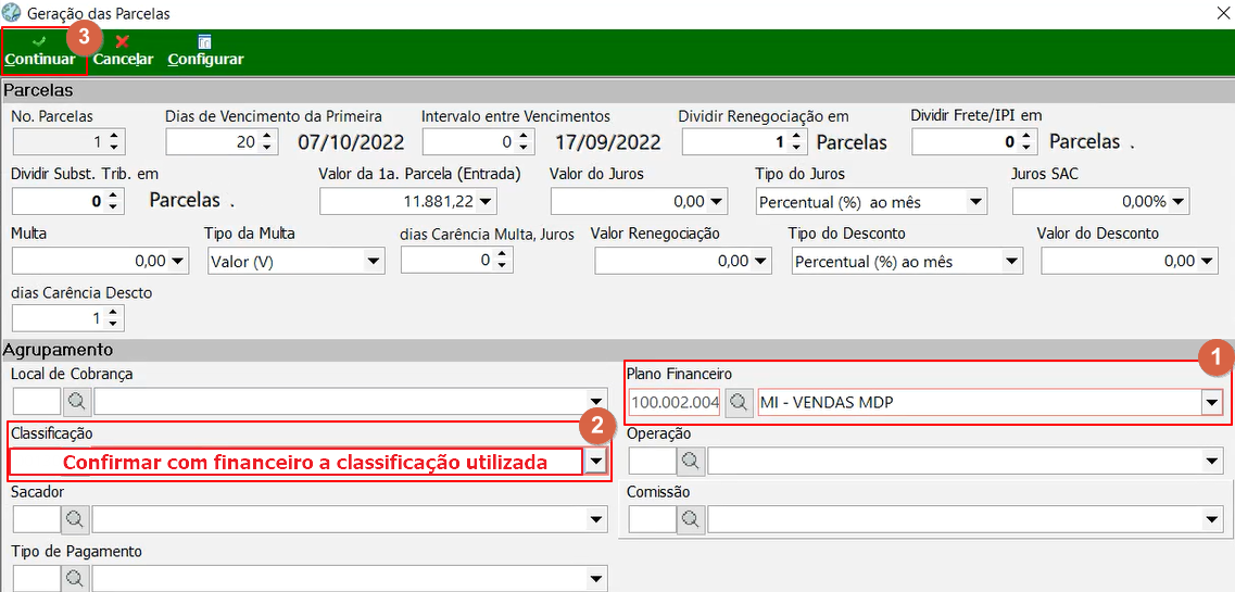 Tela Geração das Parcelas do Invoice com campos No. Parcelas, datas, valores de parcela, Plano Financeiro e Classificação, com nota de confirmação da classificação