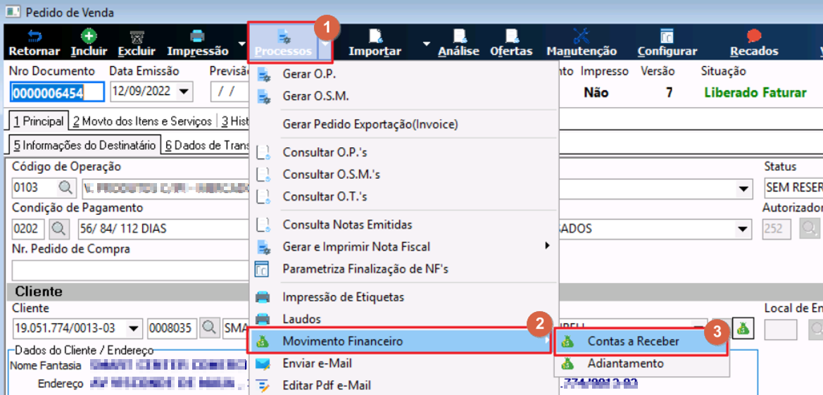 Menu Processos do Pedido de Venda com submenu Movimento Financeiro expandido e opção Contas a Receber destacada