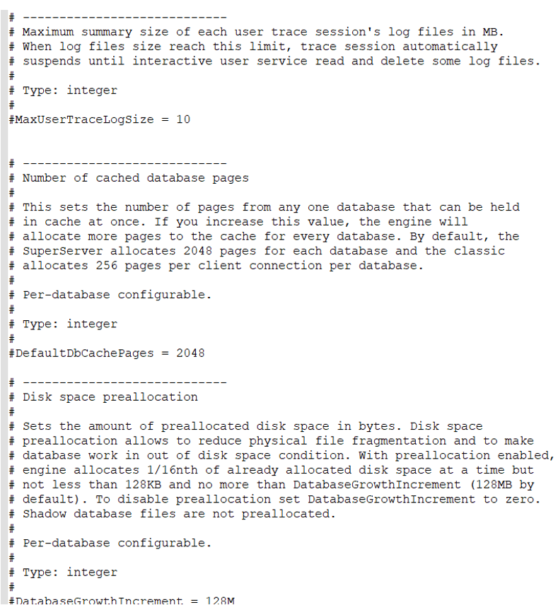 Trecho do firebird.conf exibindo comentários explicativos sobre MaxUserTraceLogSize, DefaultDbCachePages, DatabasesInMemory e parâmetros de cache e conexão por banco de dados