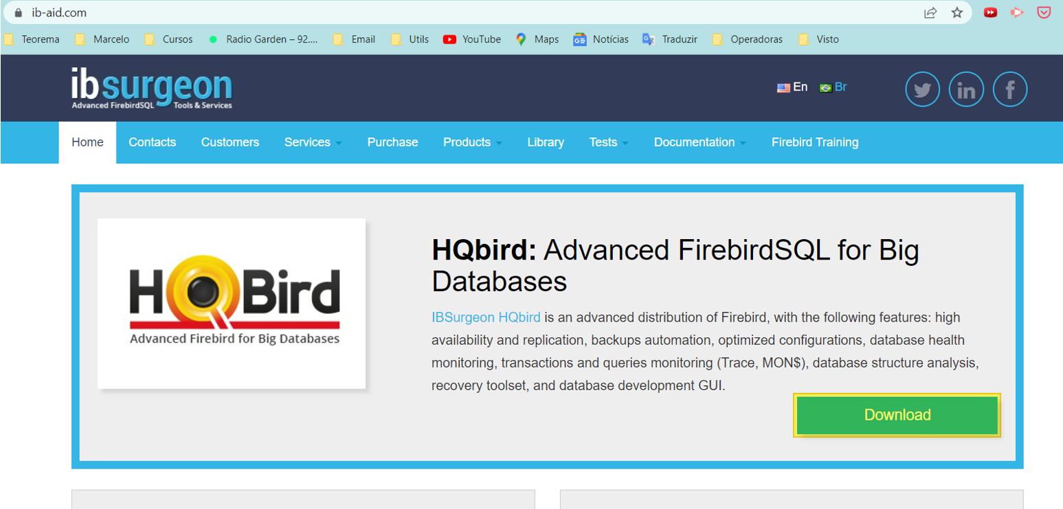 Página inicial do site ib-aid.com exibindo o produto HQbird — Advanced FirebirdSQL for Big Databases — com botão Download