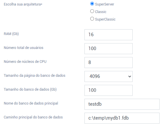Formulário Calculate configuration do IBSurgeon com arquitetura SuperServer selecionada e campos preenchidos: RAM 16 Gb, Número total de usuários 100, Número de núcleos de CPU 8, Tamanho da página 4096, Tamanho do banco 100 Gb, Nome do banco testdb, Caminho c:\temp\mydb1.fdb