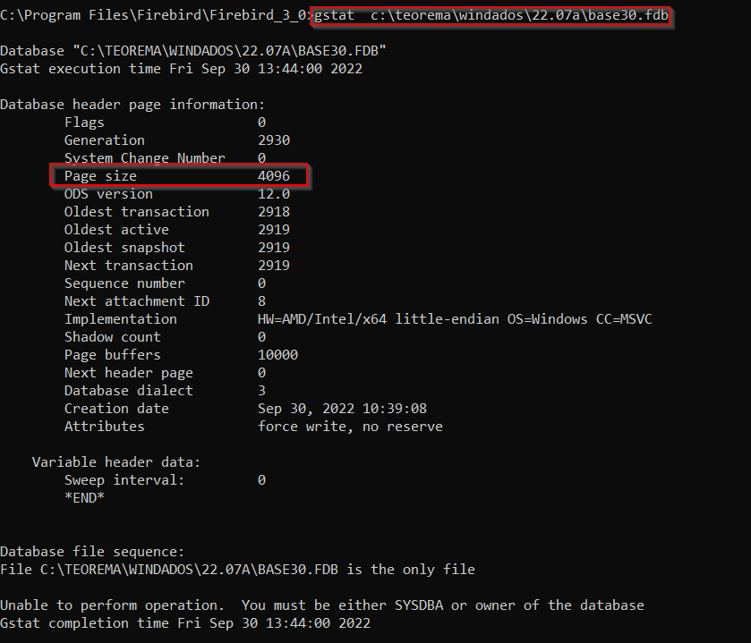 Terminal exibindo saída do gstat para C:\TEOREMA\WINDADOS\22.07A\BASE30.FDB com campo Page size igual a 4096 destacado em vermelho; demais campos: Flags 0, Generation 2930, ODS version 12.0, Page buffers 10000
