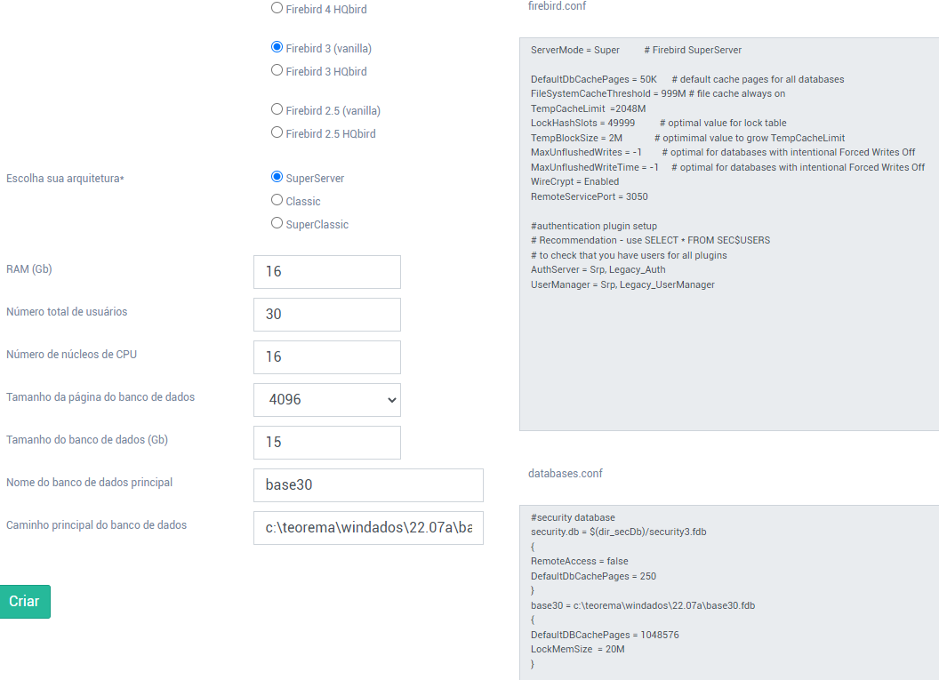 Tela de resultado do IBSurgeon exibindo dois blocos de configuração: firebird.conf com parâmetros ServerMode=Super, DefaultDbCachePages=50K, FileSystemCacheThreshold=999M, TempCacheLimit=2048M, LockHashSlots=49999, TempBlockSize=2M, MaxUnflushedWrites=-1, MaxUnflushedWriteTime=-1, WireCrypt=Enabled, RemoteServicePort=3050, AuthServer=Srp Legacy_Auth, UserManager=Srp Legacy_UserManager; e databases.conf com blocos security.db e base30 com DefaultDBCachePages=1048576 e LockMemSize=20M