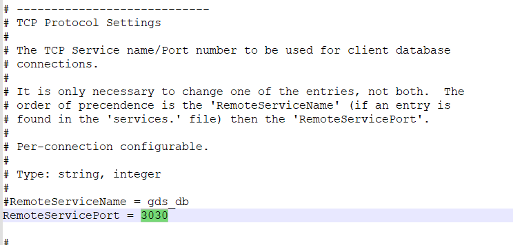 Trecho do firebird.conf com a seção TCP Protocol Settings mostrando RemoteServicePort = 3030 ativo (sem #) e RemoteServiceName comentado