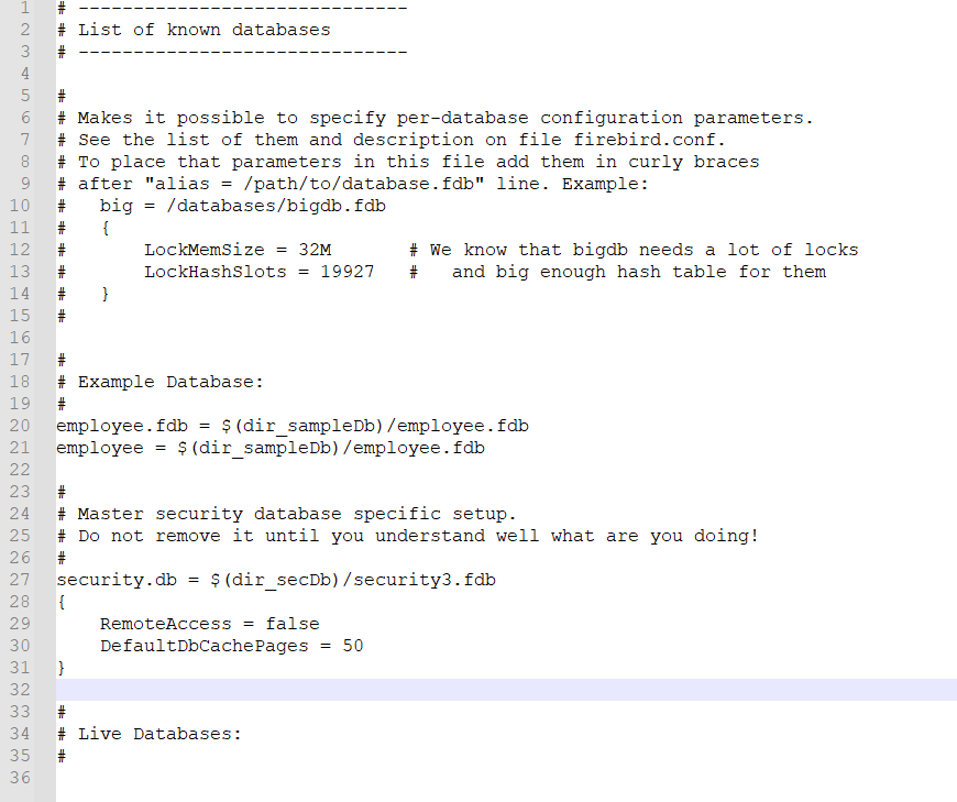 databases.conf padrão exibindo comentários sobre configuração por banco, entrada de exemplo employee.fdb, bloco security.db com RemoteAccess=false e DefaultDbCachePages=50, e seção Live Databases vazia