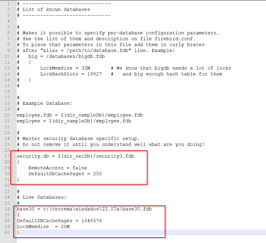 databases.conf após atualização com bloco security.db destacado em vermelho (RemoteAccess=false, DefaultDbCachePages=250) e bloco base30 destacado em vermelho apontando para c:\teorema\windados\22.07a\base30.fdb com DefaultDBCachePages=1048576 e LockMemSize=20M