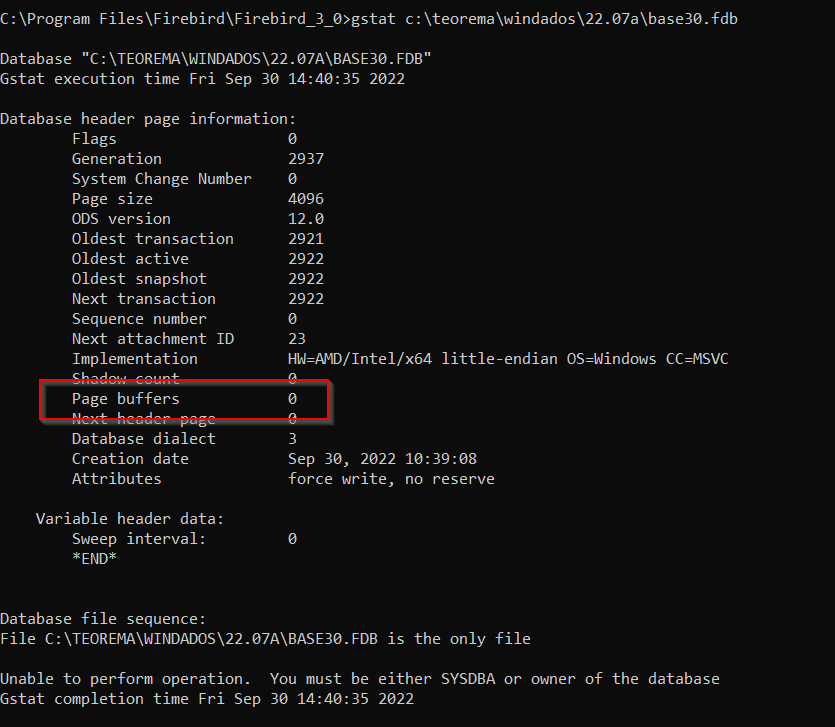 Terminal cmd exibindo gstat para C:\TEOREMA\WINDADOS\22.07A\BASE30.FDB com Page buffers igual a 0 destacado em vermelho — banco configurado para usar o valor global do firebird.conf; mensagem "Unable to perform operation. You must be either SYSDBA or owner of the database" ao final