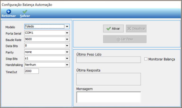 Tela Configuração Balança Automação com campos de comunicação serial e painel de leitura de peso