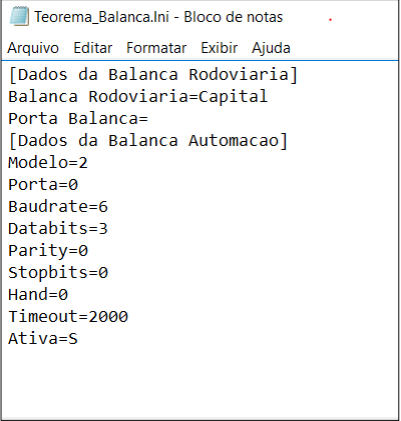 Arquivo Teorema_Balanca.Ini aberto no Bloco de Notas com as seções e parâmetros de configuração da balança