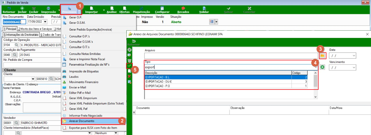 Tela Pedido de Venda com menu Processos aberto e submenu "Anexar Documento" selecionado; painel lateral exibe a lista de seções de exportação disponíveis para anexo
