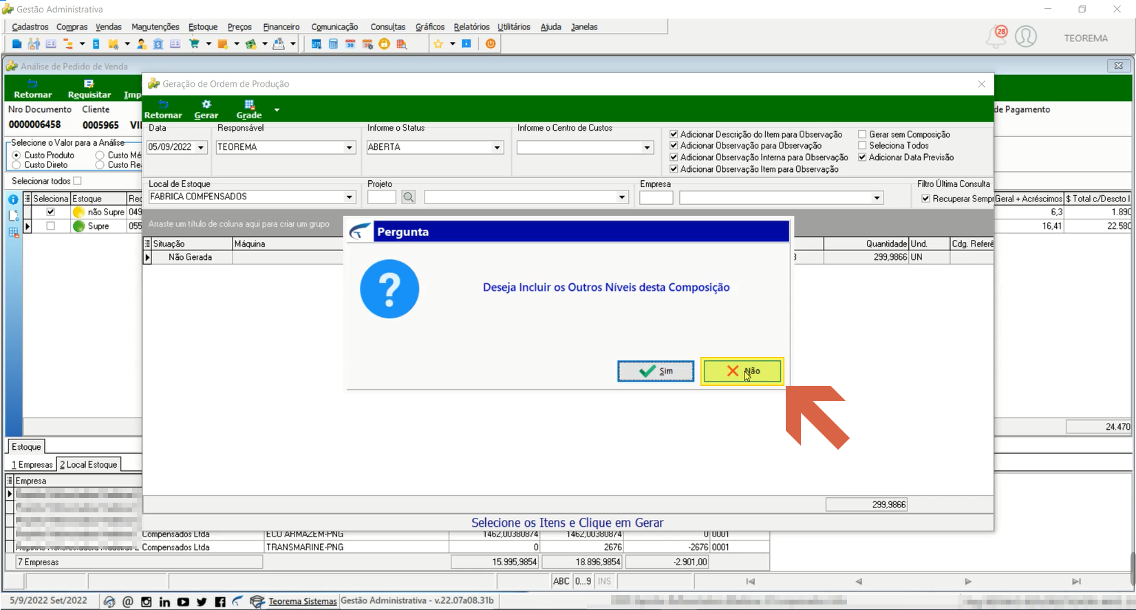 Caixa de diálogo perguntando se deseja incluir os Outros Níveis desta Composição com botões Sim e Não; o botão Não está destacado