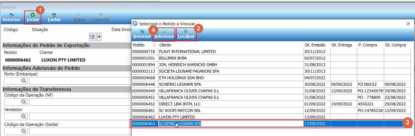 Tela Invoice — Pedido de Exportação com painel "Selecione o Pedido a Vincular" aberto, exibindo lista de pedidos com colunas Pedido, Cliente, Dt. Emissão, Dt. Entrega, P. Compra e Dt. Compra; um pedido com cliente SCHIFINO LEGNAMI SPA está selecionado