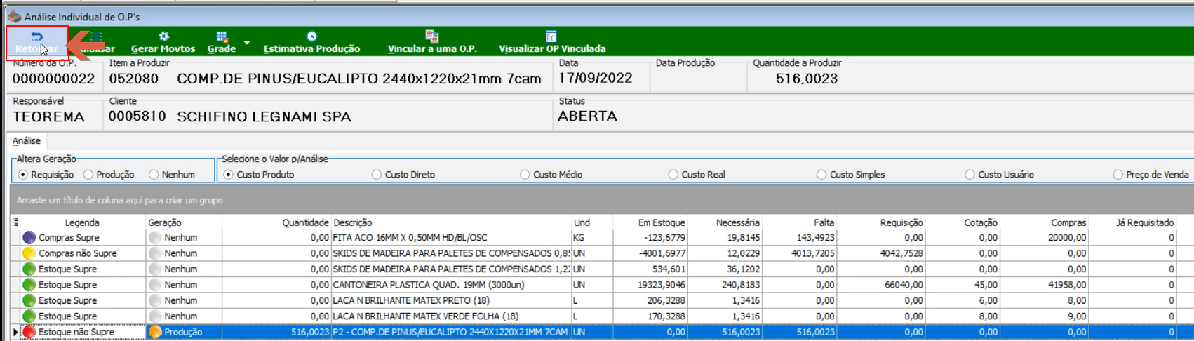 Tela de Análise Individual de OP com a lista de materiais atualizada após geração dos movimentos; itens utilizados e em estoque exibidos