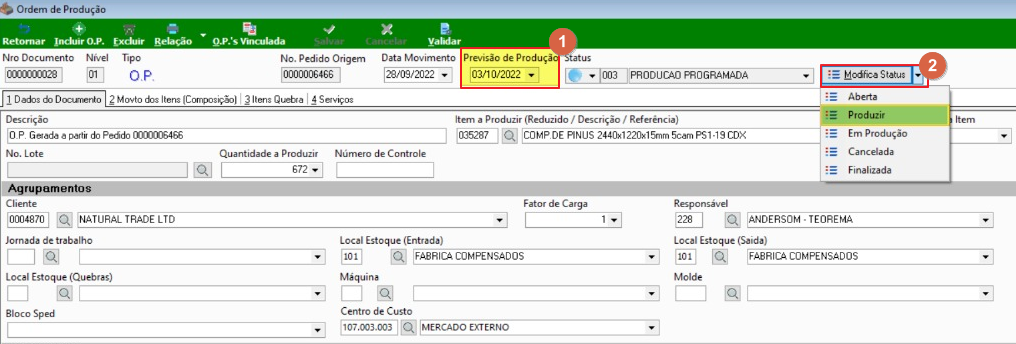 Tela Ordem de Produção com o campo Status aberto exibindo as opções Aberta, Produzir, Em Produção, Cancelada e Finalizada; a opção "Produzir" está sendo selecionada