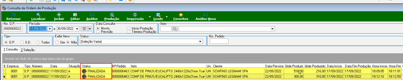 Tela Consulta de Ordem de Produção com duas OPs listadas com status FINALIZADA, exibindo colunas Nº Pedido, Item, Un., Cliente, Data Prevista, Qtde Produzir, Qtde Produzida, Data Início, Data Fim Produção, Hora Início e Hora Fim