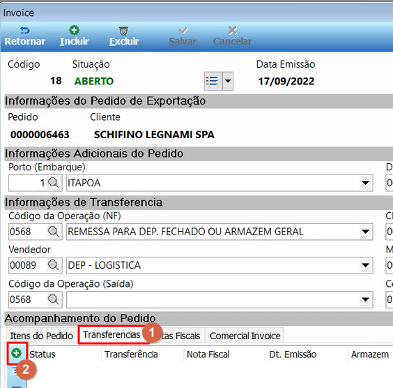 Tela Invoice com a aba Transferências ativa e o botão de incluir (+) destacado na grade de transferências