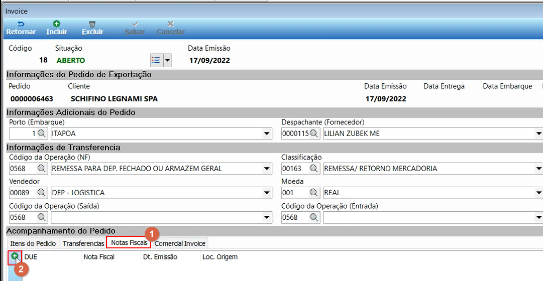 Janela Venda do Armazém com campos Data Embarque (17/09/2022), Local de Estoque (Embarque) (110 — ITAPOA DEPOSITO-IOA), Nota Fiscal e Série; grade de Itens à Faturar com dois itens: COMP.DE PINUS/EUCALIPTO 2440x1220x21mm 7cam C+/C CARB (Qtd. Faturar: 45.697) e COMP.DE EUCALIPTO 2440x1220x30mm 11cam C+/C CARB (Qtd. Faturar: 0); nota indica que o campo é editável