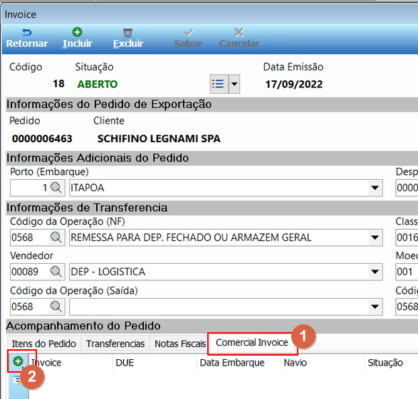 Tela Invoice com a aba Comercial Invoice ativa na seção Acompanhamento do Pedido; botão de incluir (+) destacado na grade