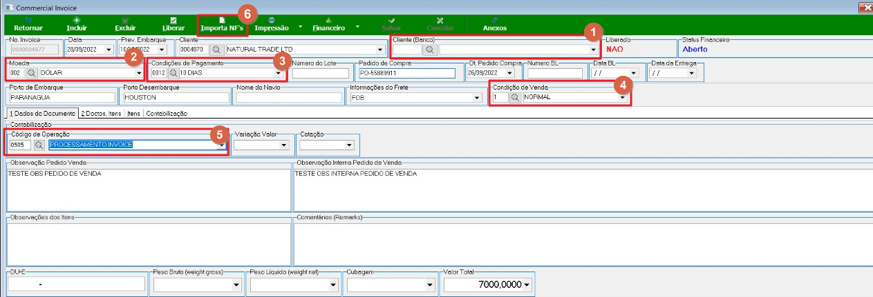 Tela Commercial Invoice com campos preenchidos: Data 29/09/2022, Prev. Entrega (vazio), cliente 4971 — NATURAL TRADE LTD, Situação Aberto; Moeda, Condições de Pagamento, Número do Lote, Pedido de Compra, Porto de Embarque, Porto Desembarque, Nome do Navio, Informações do Frete e Condição da Venda (NORMAL) preenchidos; seção Contabilização com Código de Operação visível