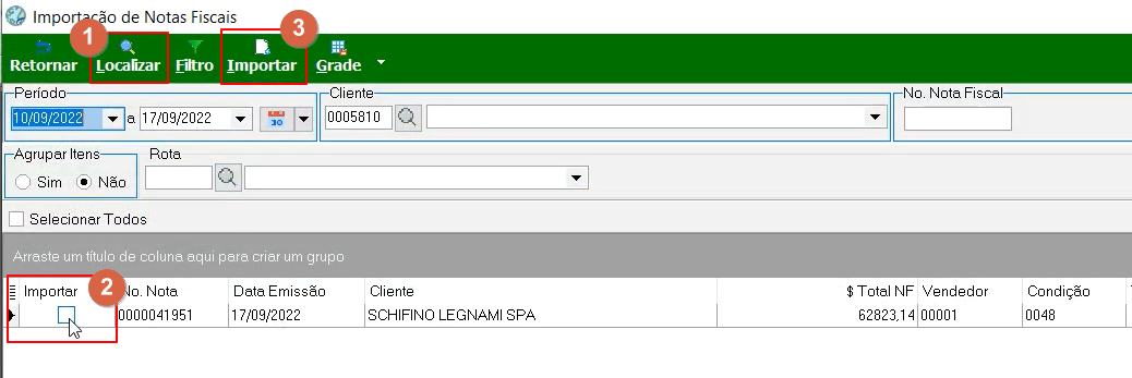 Tela Importação de Notas Fiscais com campos de filtro Período, Cliente (0005810 — SCHIFINO LEGNAMI SPA) e No. Nota Fiscal; grade exibindo a nota 0000041951 emitida em 17/09/2022 para SCHIFINO LEGNAMI SPA no valor de R$ 62.823,14; colunas Importar, No. Nota, Data Emissão, Cliente, $ Total NF, Vendedor e Condição; botão Importar destacado