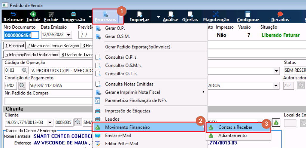 Tela Pedido de Venda com menu Processos aberto exibindo as opções Gerar O.P., Gerar Pedido Exportação (Invoice), Consultar O.P.'s, Consultar O.S.M.'s, Consultar O.T.'s, Consulta Notas Emitidas, Gerar e Imprimir Nota Fiscal, Parametriza Finalização de NF's, Impressão de Etiquetas, Laudos, Movimento Financeiro (expandido com suboções Contas a Receber e Adiantamento), Enviar e-Mail, Editar Pdf e-Mail, Gerar XML Emitidos e outras opções; Movimento Financeiro e Contas a Receber estão destacados