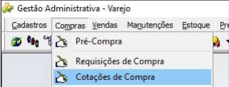 Menu Compras com as opções Pré-Compra, Requisições de Compra e Cotações de Compra selecionada