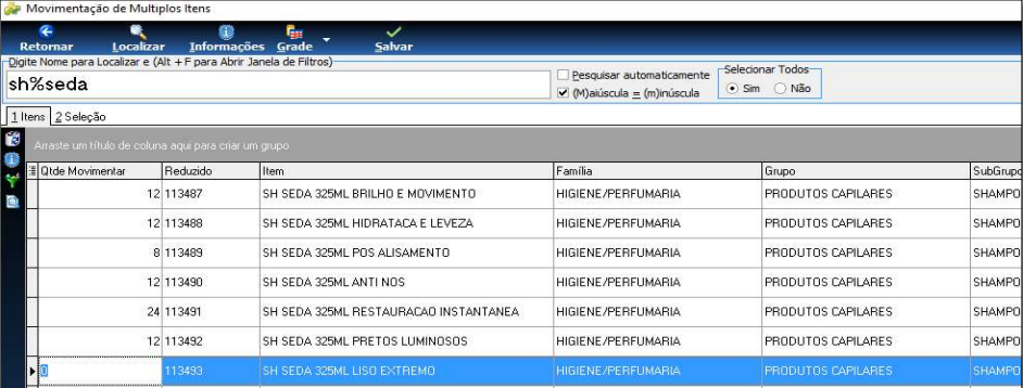 Tela Movimentação de Múltiplos Itens com campo de busca preenchido com sh%seda, lista de itens da família HIGIENE/PERFUMARIA e coluna Qtde Movimentação para preenchimento de quantidades