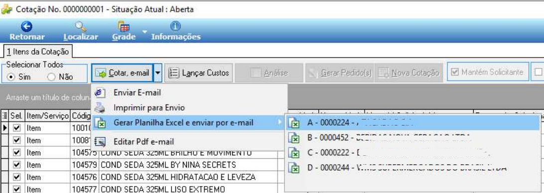 Menu expandido do botão Cotar, e-mail com as opções Enviar E-mail, Imprimir para Envio e Gerar Planilha Excel e enviar por e-mail destacada