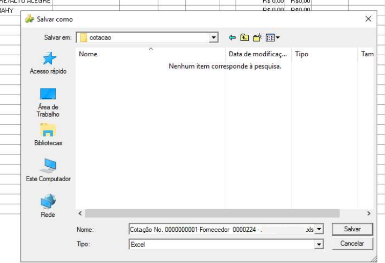 Caixa de diálogo Salvar como do Windows com pasta cotacao selecionada e nome de arquivo Cotação No. 0000000001 Fornecedor 0000224 preenchido automaticamente