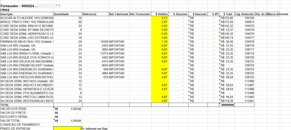 Planilha de cotação com fornecedor 0000224, itens preenchidos com valores em $ Unitário (ex.: 4,13; 5,90; 5,93) e prazo de entrega Em dias destacado em amarelo indicando Informar em Dias
