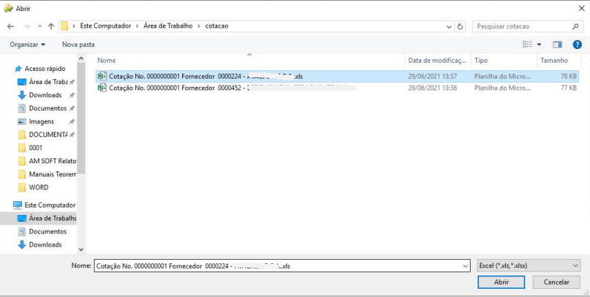 Caixa de diálogo Abrir do Windows Explorer com pasta cotacao exibindo duas planilhas: Cotação No. 0000000001 Fornecedor 0000224 e Cotação No. 0000000001 Fornecedor 0000452, campo Nome preenchido com a planilha do fornecedor 0000224 e botão Abrir