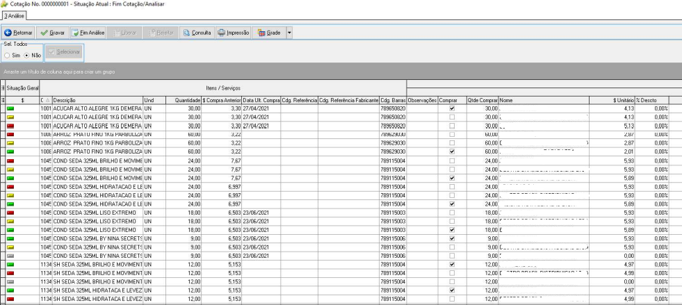 Tela de análise de cotação com indicadores de cores por linha, colunas Item/Serviço, Qtde, Qtde Compras, Data, Qtde Padronizada, Qtde Reservada, Qtde Fabricante, Qtde Branco, Observações/Compras e $ Unitário por fornecedor