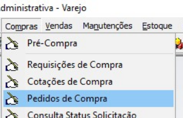 Menu Compras com as opções Pré-Compra, Requisições de Compra, Cotações de Compra, Pedidos de Compra selecionada e Consulta Status Solicitação