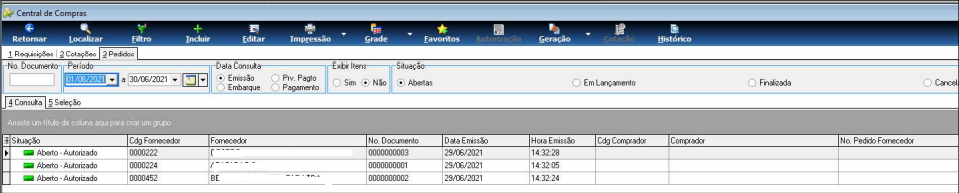 Tela Central de Compras na aba 2 Pedidos com campos No. Documento, Período (01/01/2021 a 30/06/2021), filtros Data Consulta (Emissão, Prv. Pagto, Embarque, Pagamento), Exibir Itens (Sim/Não) e Situação (Abertas, Em Lançamento, Finalizada, Cancelada); lista exibindo três pedidos com situação Aberto-Autorizado para fornecedores 0000222, 0000224 e 0000452