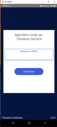 Tela do aplicativo Teorema Service com mensagem "Seja bem vindo ao Teorema Service", campo "Informe o CNPJ" e botão Continuar