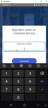 Tela do aplicativo Teorema Service com teclado numérico aberto para digitação do CNPJ
